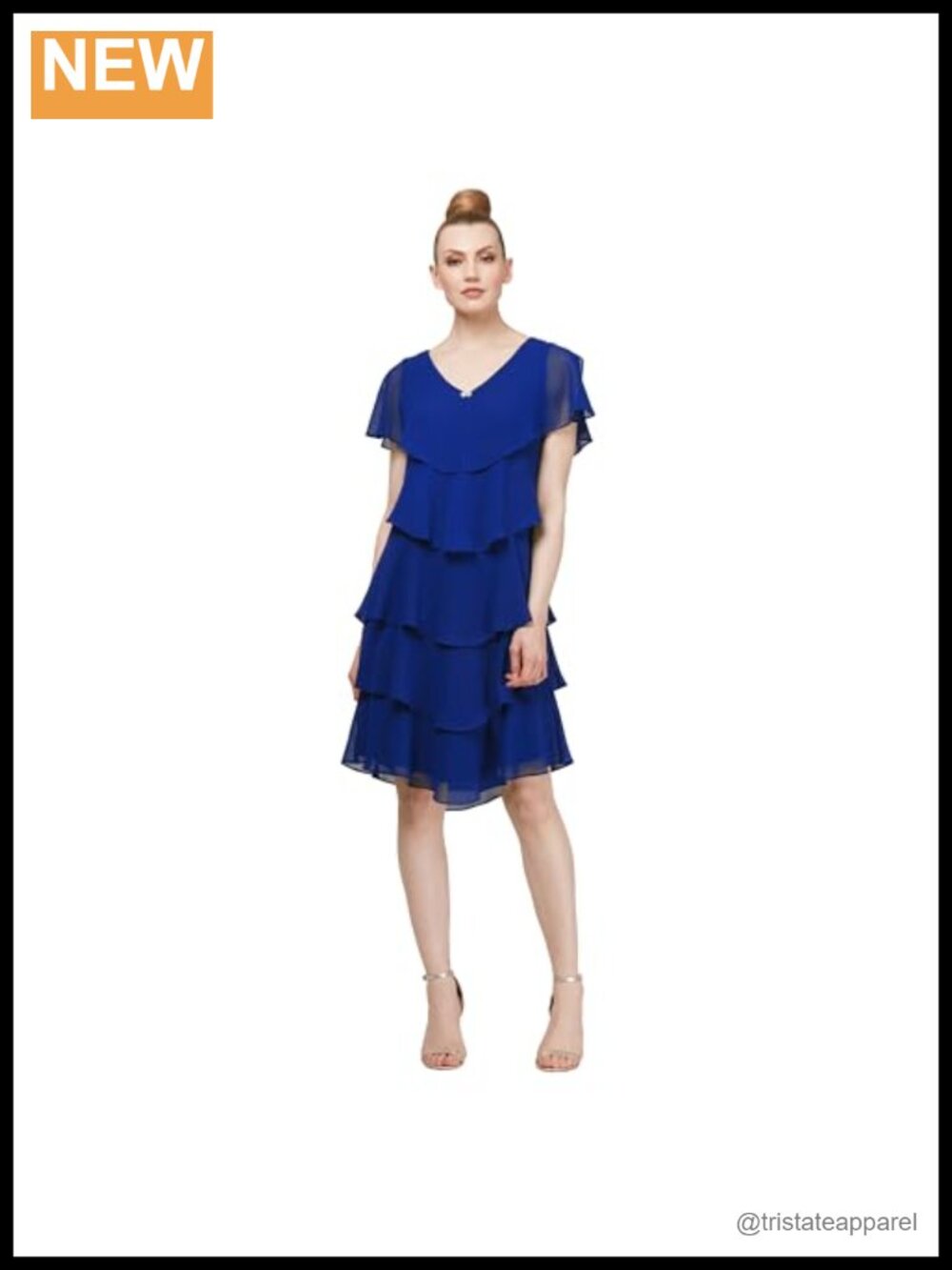 Tiered Chiffon Cocktail Dress Wedding Guest Gown A-Line V-Neck Capelet